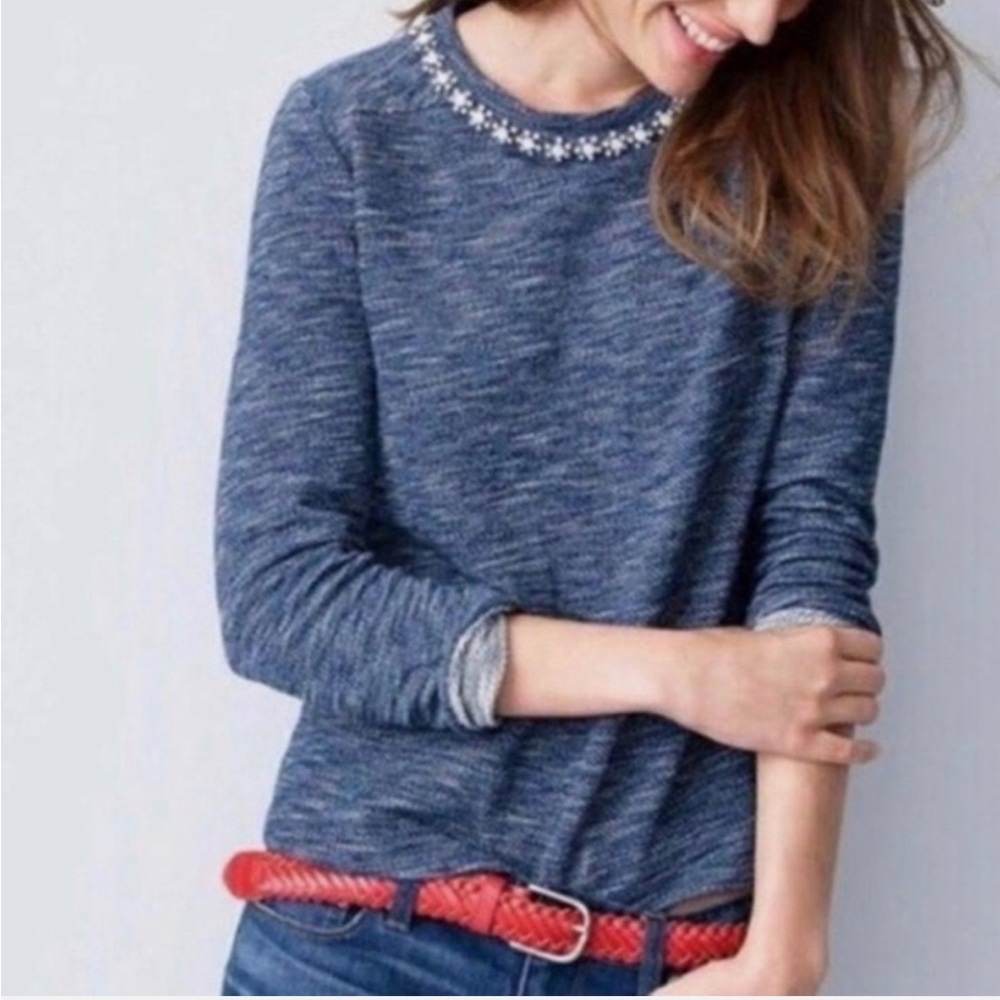 J. Crew Blue Cotton Sweater with Floral Jewel Neck